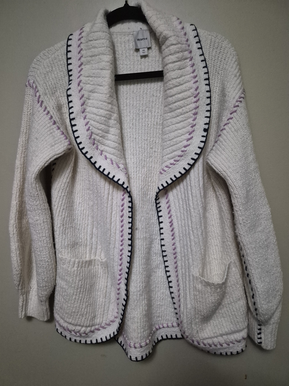 Maeve Ivory Open-Front Shawl Collar Cardigan with Lavender & Black Trim